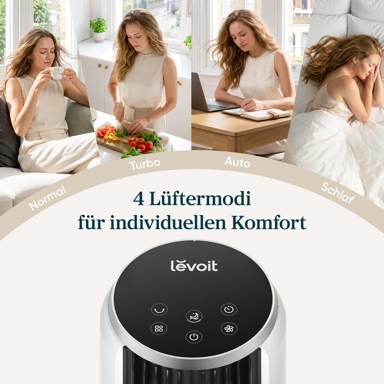 Levoit Tower Fan 92 cm 24W DC Motor 7,9m/s 20dB leiser Ventilator 4 Modi 12 Stufen 12 Std Timer Fernbedienung