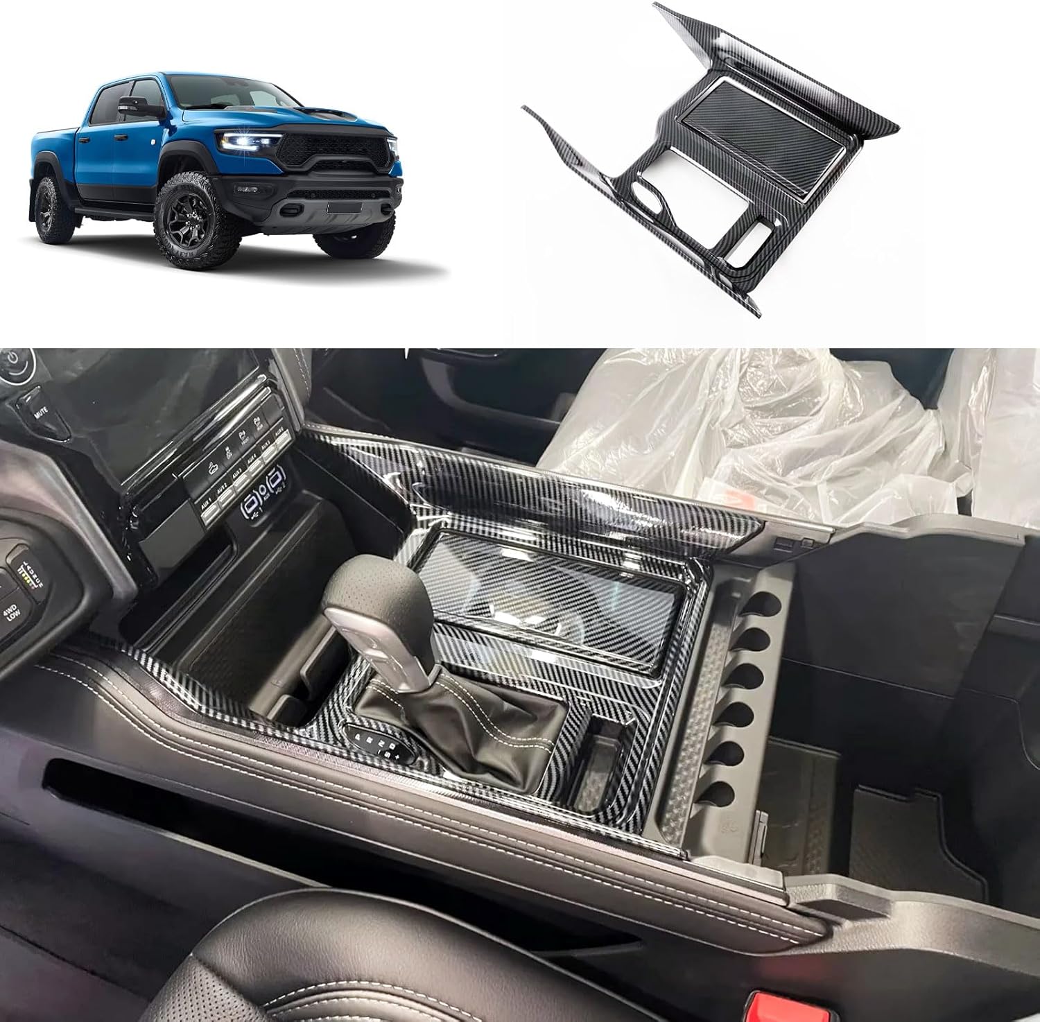 Gear Shift Panel Cover Compatible with Dodge Ram 1500 TRX 2023 2022 2021 2020 2019 Center Console Panel Trim Interior Car Accessories ABS 2PCS(Carbon Fiber Style)