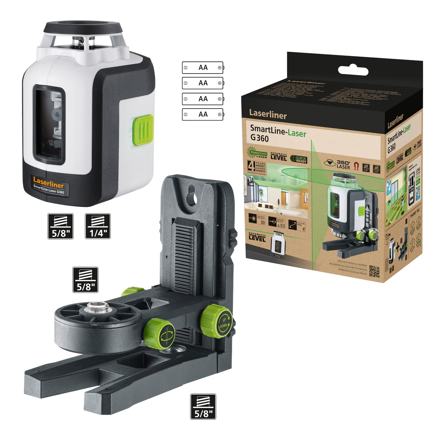 Laserliner SmartLine-Laser G360 Linienlaser, Grün, 360° | Vertikale Linie, Kreuzlinienlaser mit Handempfänger-Modus, ±0,3 mm/m, Selbstnivellierend, Wandhalterung
