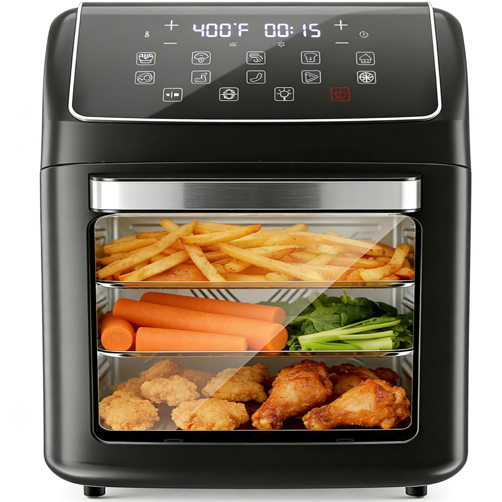 A family gathered around a Simple Deluxe 12.6 Qt Air Fryer Oven, which is filled with various foods like steak, vegetables, chicken nuggets, and fries, demonstrating its large capacity.