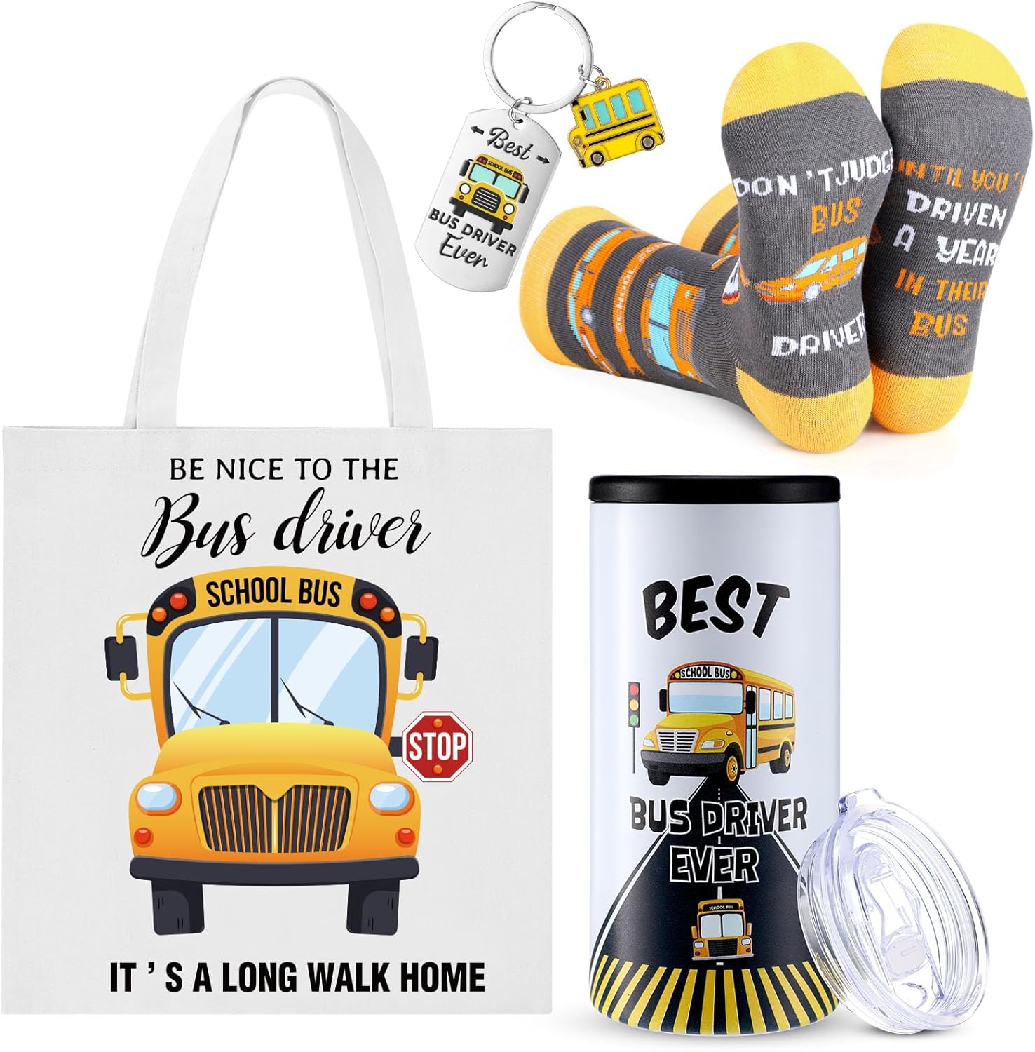 Sieral 4 Pcs School Bus Driver Appreciation Gifts for Women Men 12 oz Stainless Steel 4 in 1 Design Bus Driver Tumbler Cup and Lids Funny Bus Driver Canvas Bag Bus Driver Keychain Bus Driver Socks