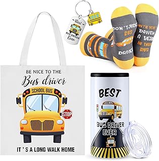 Sieral 4 Pcs School Bus Driver Appreciation Gifts for Women Men 12 oz Stainless Steel 4 in 1 Design Bus Driver Tumbler Cup and Lids Funny Bus Driver Canvas Bag Bus Driver Keychain Bus Driver Socks