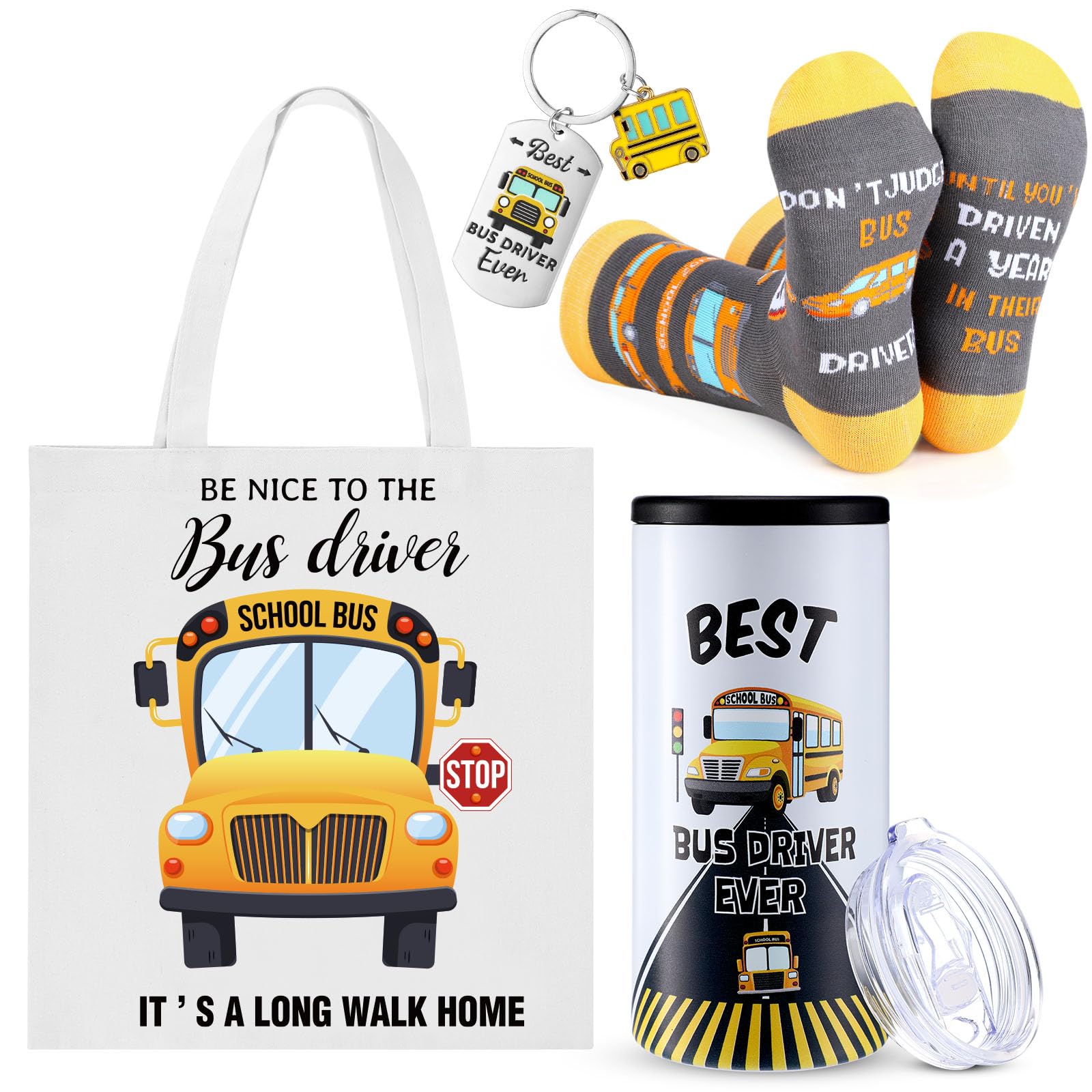 Sieral 4 Pcs School Bus Driver Appreciation Gifts for Women Men 12 oz Stainless Steel 4 in 1 Design Bus Driver Tumbler Cup and Lids Funny Bus Driver Canvas Bag Bus Driver Keychain Bus Driver Socks
