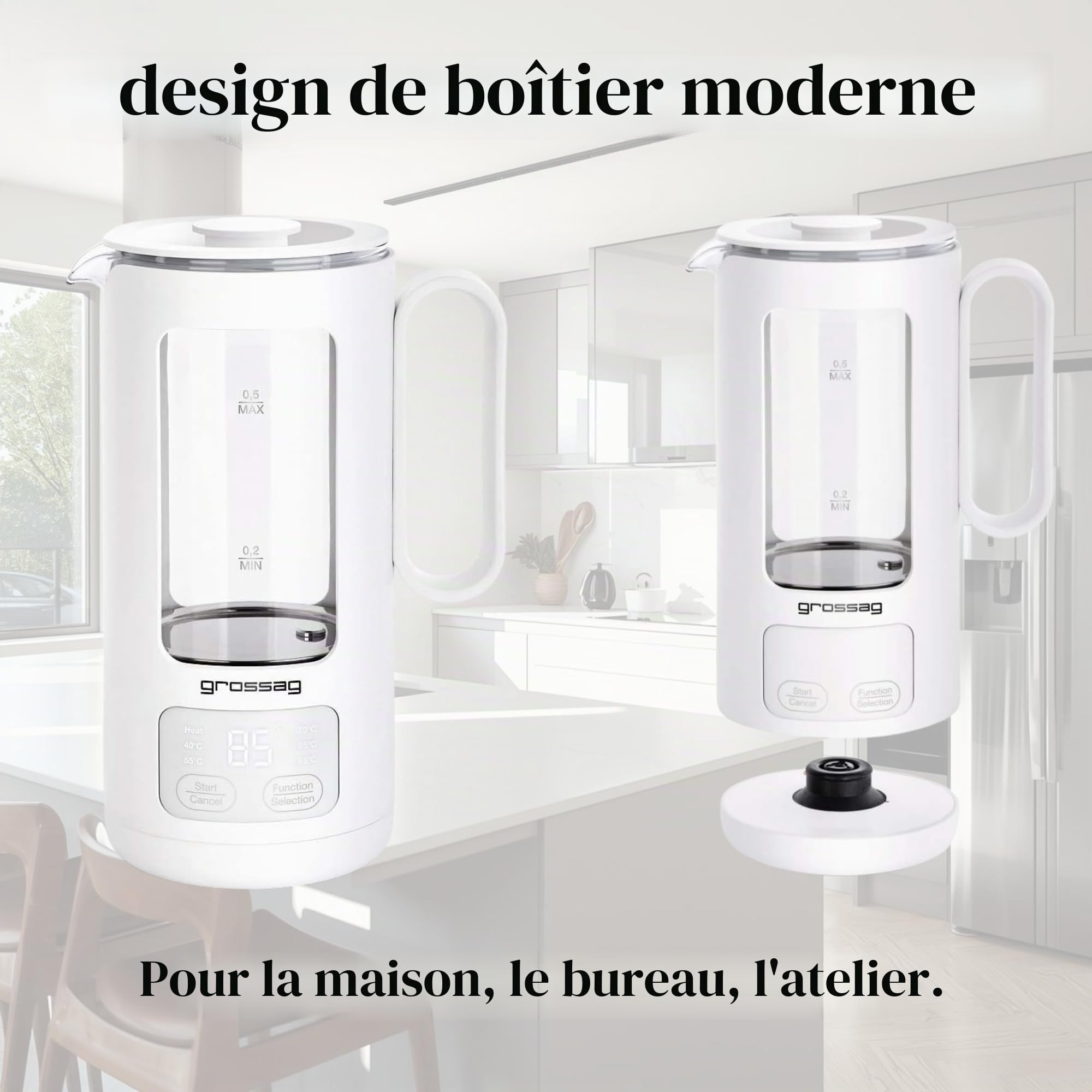 grossag Bouilloire en verre WK 8.00 avec pot en verre de 0,5 litre, sans BPA pour le thé et les aliments pour bébés