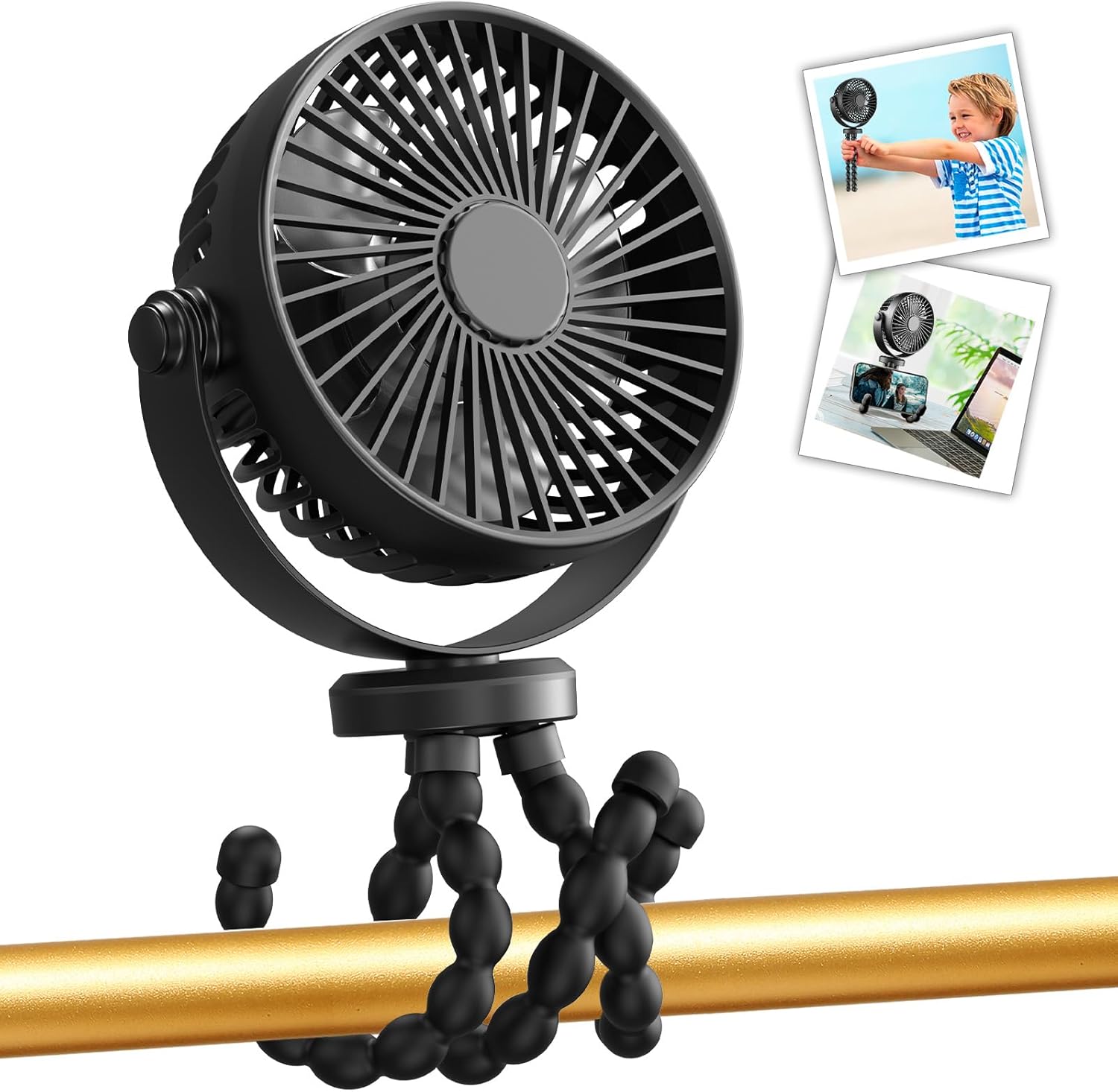 snawowo Mini Handheld Personal Portable Fan, Baby Stroller Fan, Car Seat Fan, USB or Battery Powered, with Flexible Tripod Clip on Student Bed Desk Bike Crib Treadmill Camping Traveling(Black)