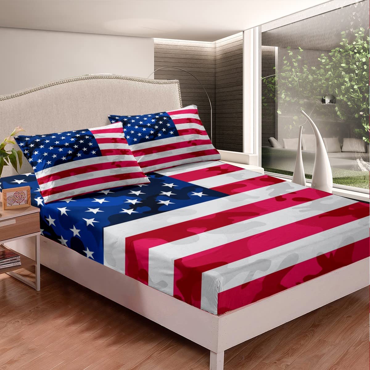 American Flag Bedding Set Camouflage USA Flag Fitted Sheet Army Camo Flag Bed Sheet Set for Children Kids Boys Girls Blue Red and White Stars Bed Cover Room Decor Bedding Sheet Twin Size 3Pcs
