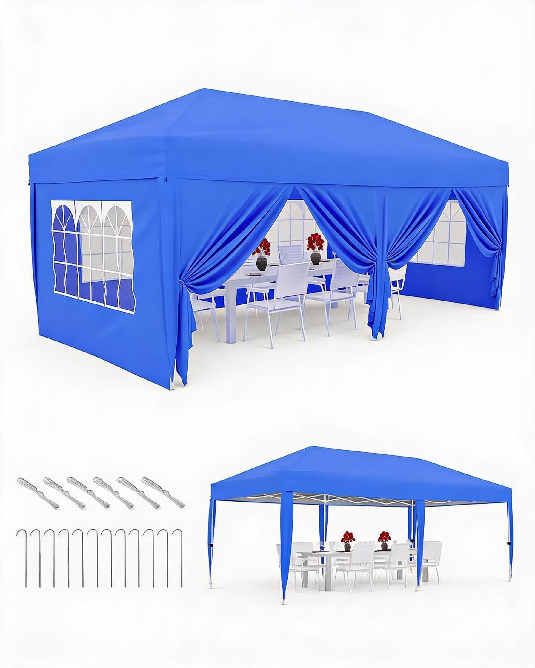 GarveeMore 3x6m Pop Up Gazebo with Sides, Waterproof Garden Gazebo with Windows, Heavy Duty Instant Shelter Canopy Tent for Patio, Backyard, Outdoor Parties and Events, Blue