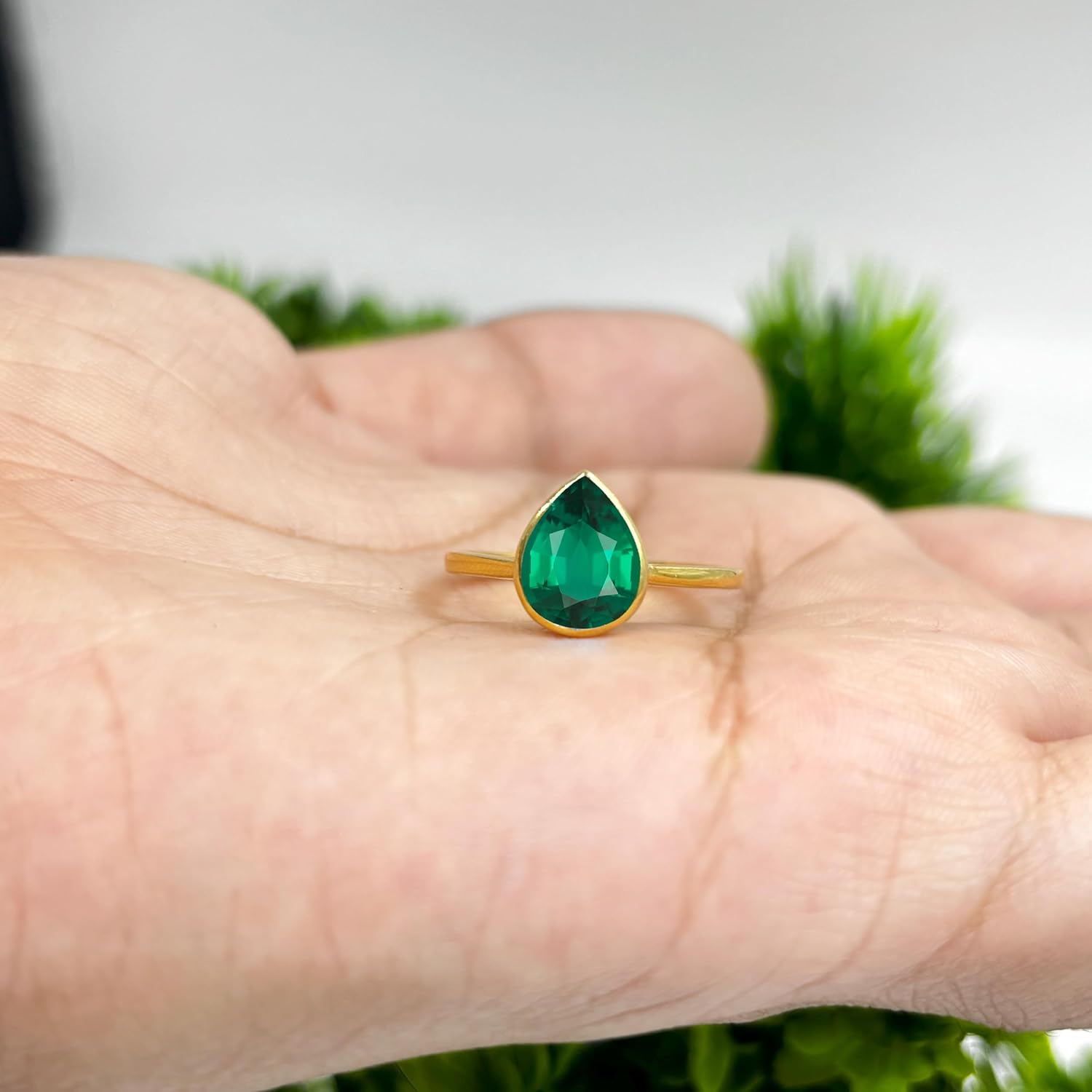 2 Carat Pear Cut Green Emerald Bezel Set Solitaire Engagement Ring For Women, 14K Gold Plated 925 Silver Pear Shape May Birthstone Green Emerald Bridal Solitaire Ring