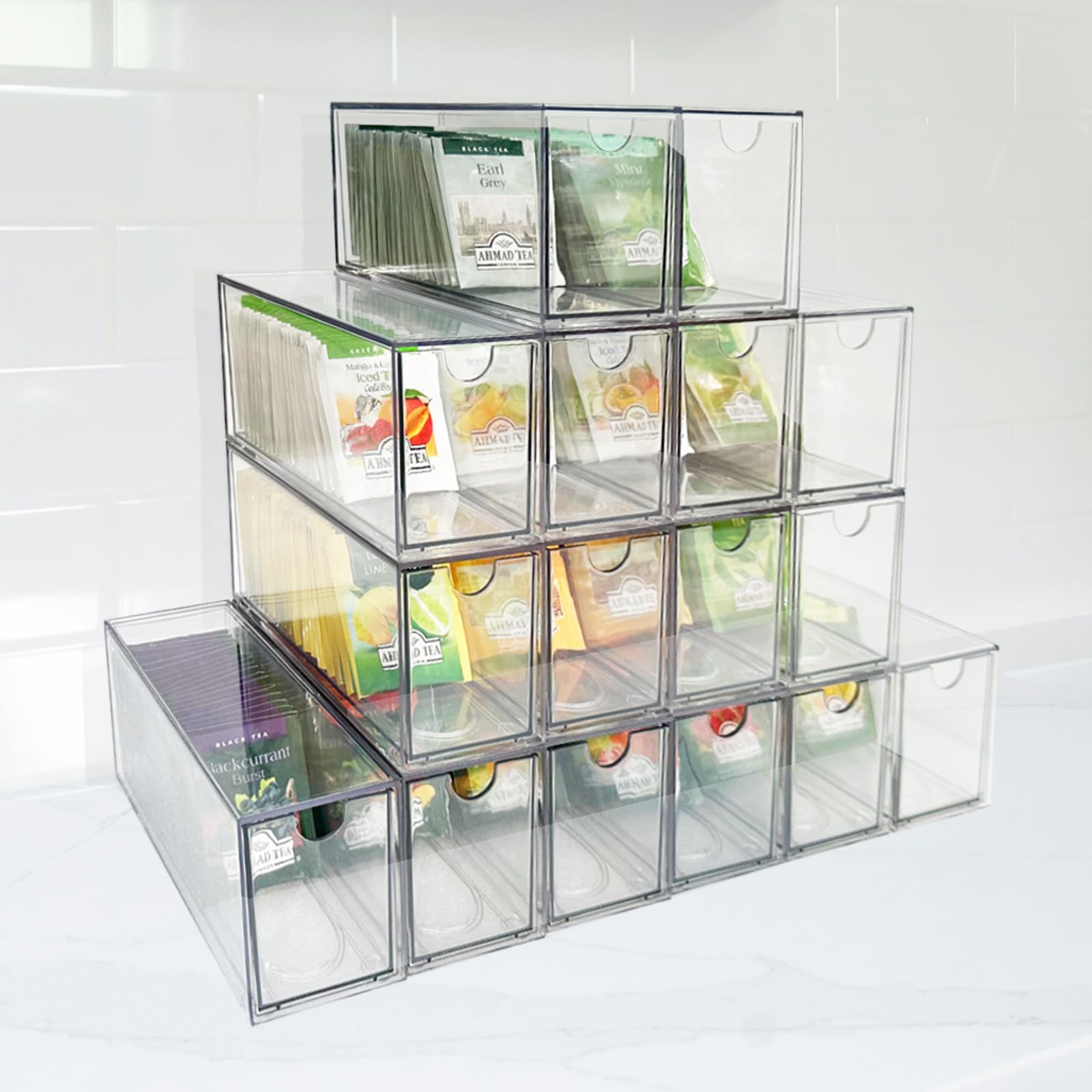 16-Pack Tea Bag Drawers Organizer - 16 Clear Plastic Drawer Tea Bag Holder; Stackable & Portable; Wider Size; Well-Organized Storage for Tea Bags & Kitchen Essentials；High Volume for Tea Enthusiasts