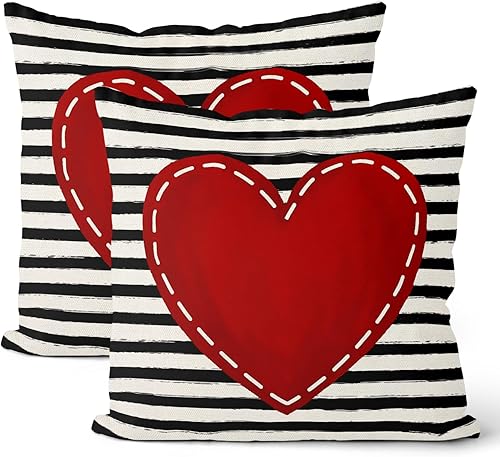 Juego de 2 fundas de almohada para el día de San Valentín de 18 x 18 pulgadas, decoración de San Valentín, diseño de rayas negras, corazón rojo,