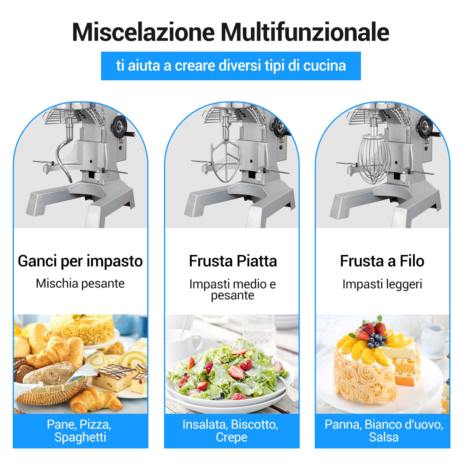 LEEVOT Impastatrice planetaria commerciale da 10L, impastatrice commerciale regolabile a 2 velocità da 500 W, impastatrice elettrica verticale per impieghi gravosi con vasca in acciaio inox per cucin