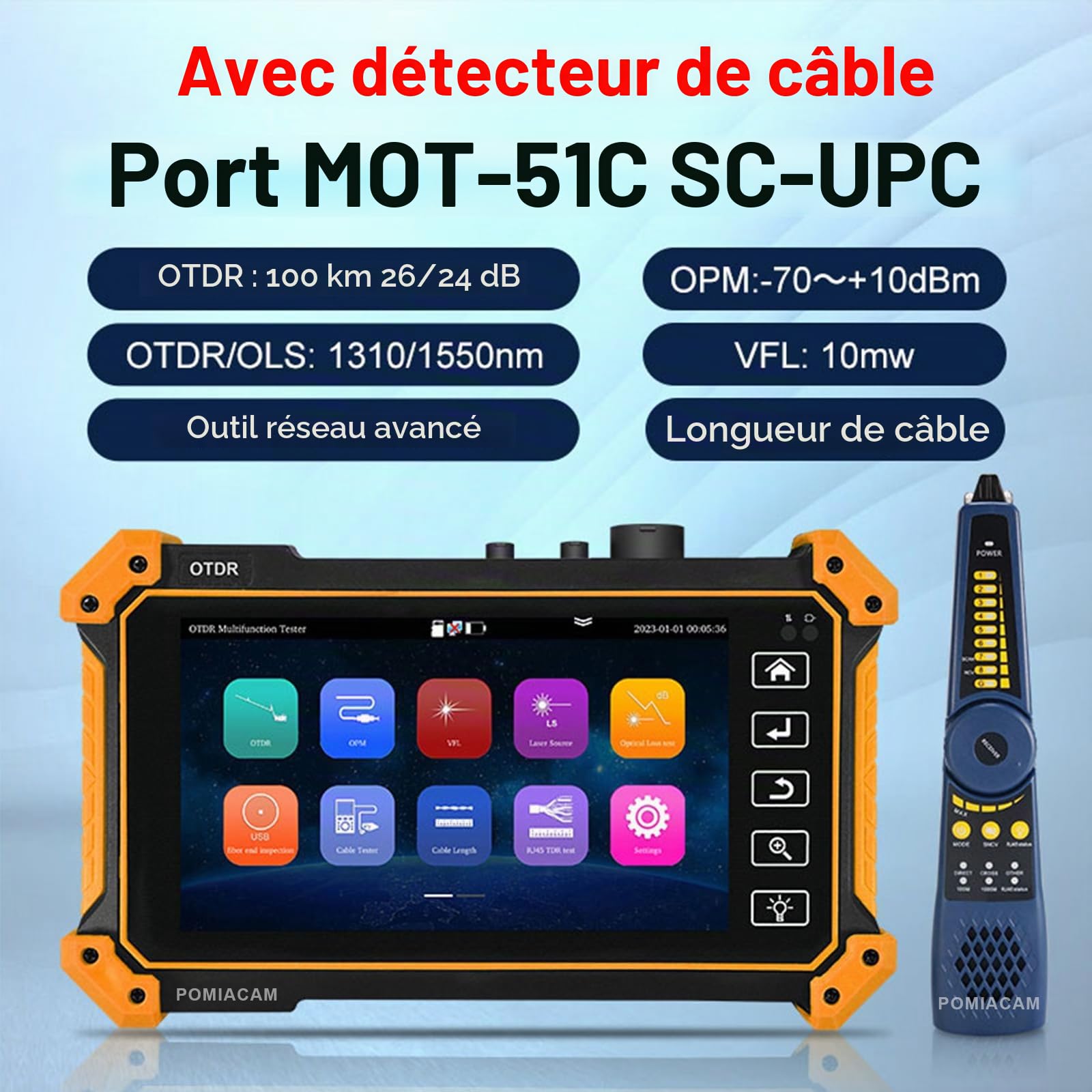 Testeur de fibre optique OTDR MOT-51C 1310/1550 nm 26/24 dB, écran tactile OLED de 5,55 pouces VFL intégré OPM LS (source lumineuse) Carte des événements OLT (test de perte optique)