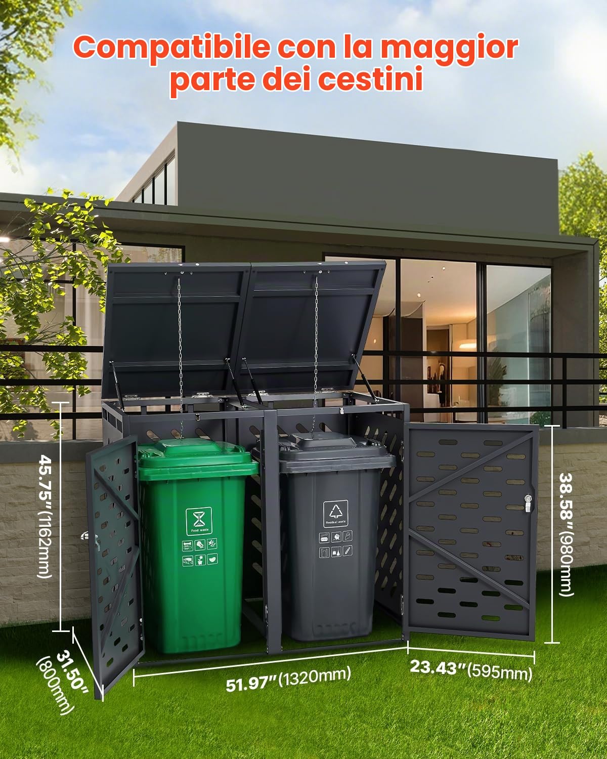 VEVOR Contenitore per Rifiuti da 2 x 240 L Contenitore per Bidoni della Spazzatura con Serratura, Armadio Orizzontale Impermeabile con Coperchio a Catena, per Bidoni della Spazzatura