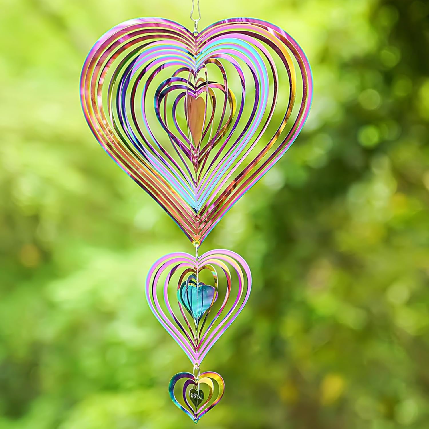 Wind Spinners Outdoor for Yard Decorations, 3D Heart Shape, Multi-Colored Rainbow Coating, 21 Inch, Stainless Steel Reflective for Yard, Wind Spinners Outdoor Hanging