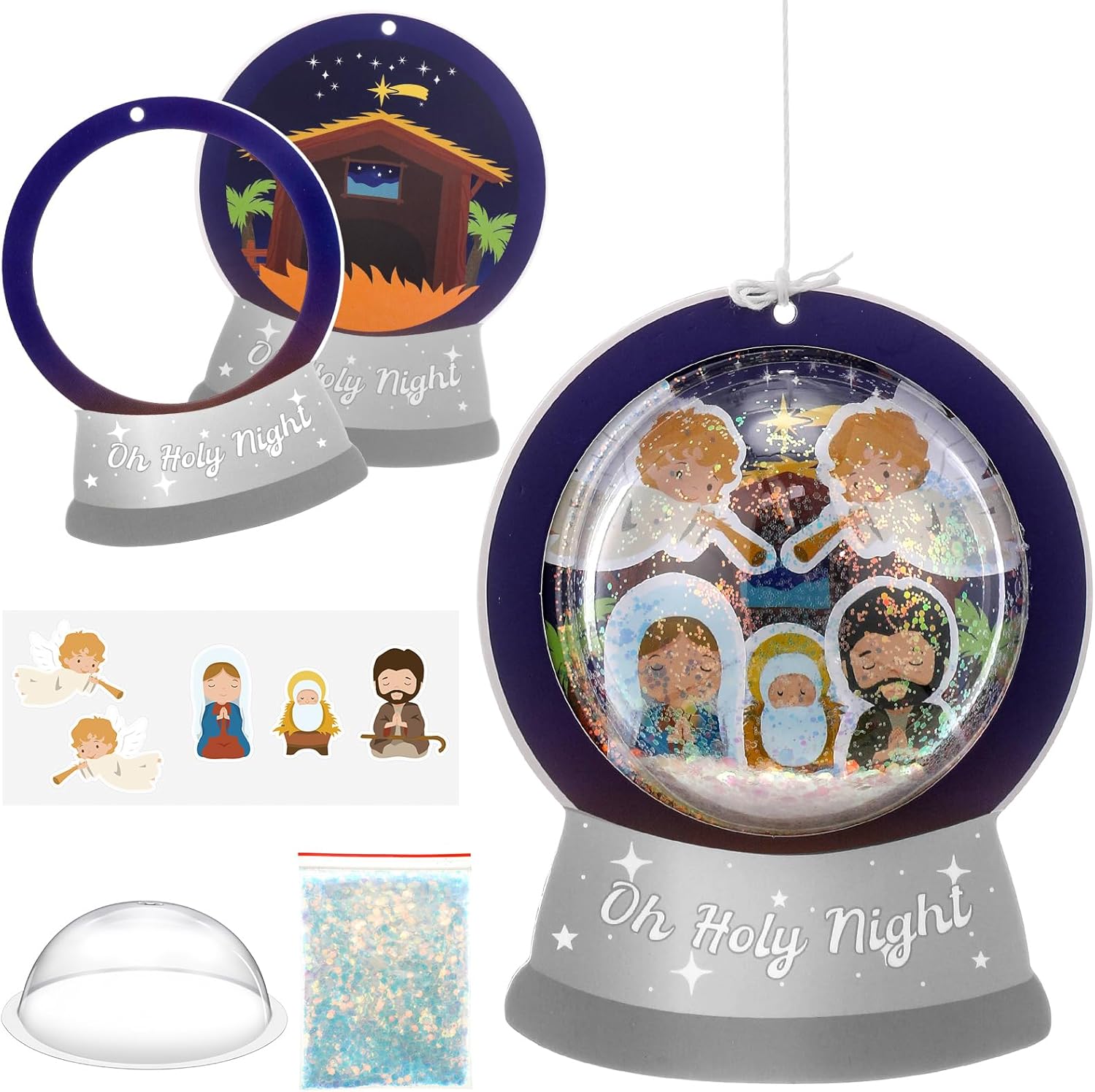 24 Pack Nativity Advent DIY Snow Globe Craft Kit for Kids Toddlers Boys Girls Jesus Birth Hanging Ornament with Glitter Sequin Paper Holiday Religious Classroom Decor(Holy Night,Silver)