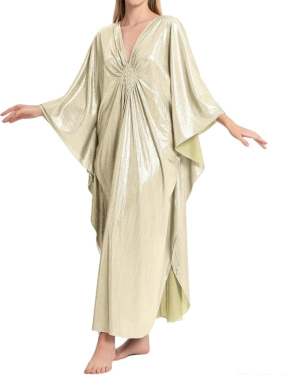 Bsubseach Kaftan Dresses for Women Sparkly Caftan Beach Cover Up | Onesize Glitter Batwing Sleeve Caftan, Cute Moo Moo Side Slit Dress, Resort Swimwear Coverups