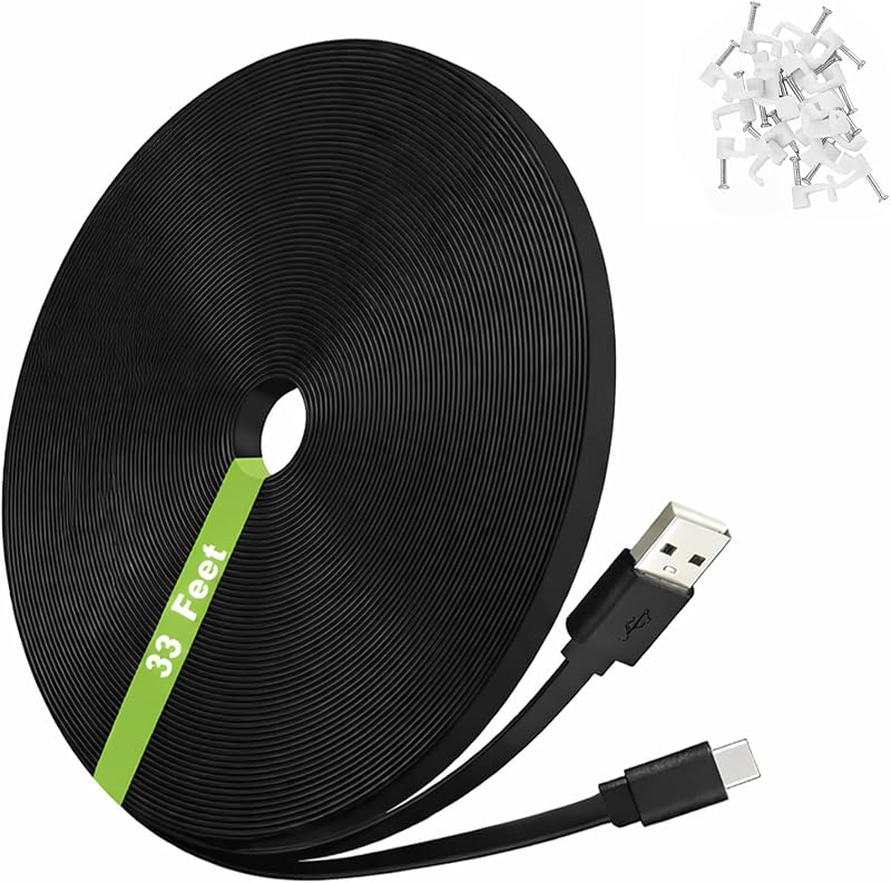33FT USB C Extension Cable Replacement for Eufy Security Camera,Black | For CCTV WiFi Security Camera,Type-C Flat Charging Cord,Blink Mini 2 Blink Outdoor 4 Ring Indoor Cam Furbo 360,Waterproof