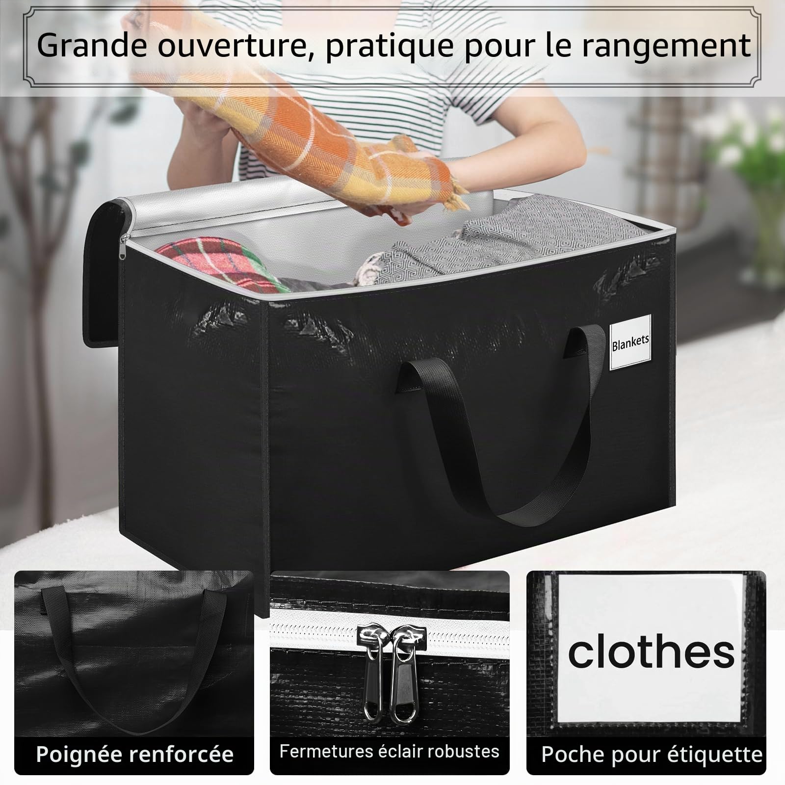 Withosent 100L Grand Sac de Rangement, Lot de 8 Imperméable Sacs de Déménagement avec Fermeture éclair et Poignée, Boite Rangement Vetement Couettes, Alternative aux Cartons Déménagement, Noir