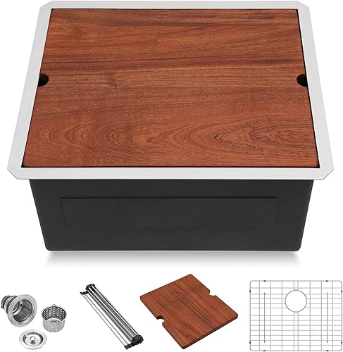 Miniatura 188 de Lordear Fregadero de cocina de montaje inferior de 23 pulgadas, estación de trabajo, fregadero de cocina de acero inoxidable calibre 16, cuenco