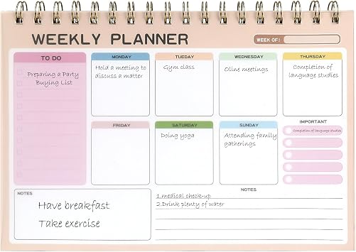 Toplive Weekly Planner Desk Notepad, 52 Sheets Undated To Do List Planning Notebook with Spiral Bound, 6.5 x 9.5 in Desk Weekly Agenda for Work School Office Home, Pink
