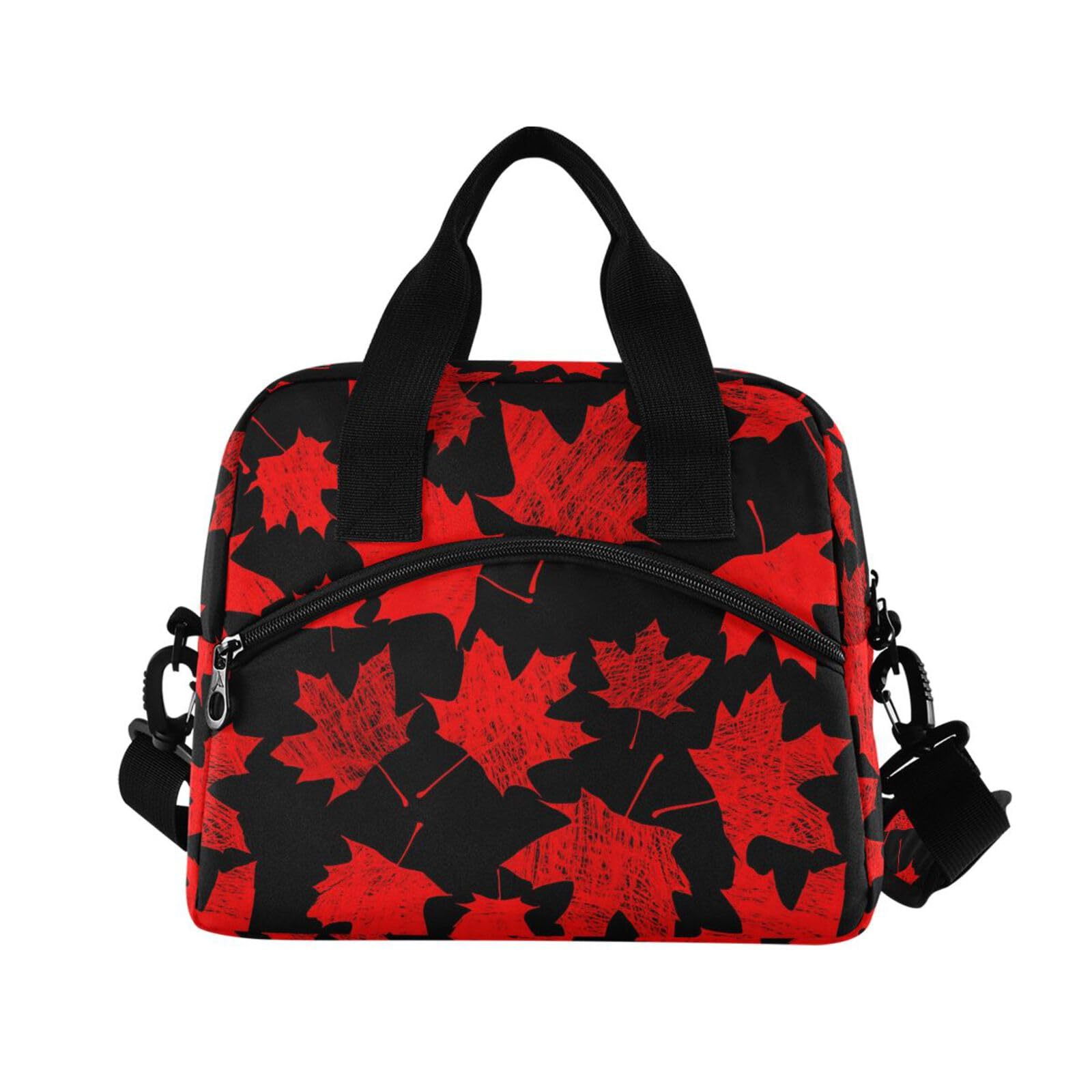 Sinestour Insulated Lunch Bag Reusable Cooler Maple Leaf Red Lunch Box Adjustable Shoulder Strap for School Office Picnic