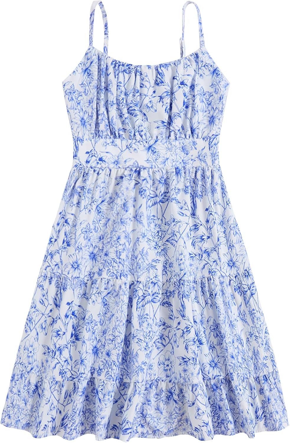 RoseSeek Girl's Summer Dress Floral Ruffle Hem Spaghetti Strap Ruched Bust Cami Short Dress Sundress
