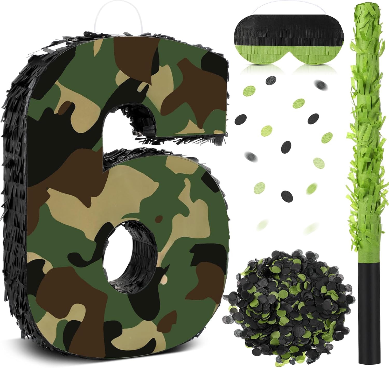 Camo Number Piñata Decorations 16 Inch Camo Birthday Party Piñata with Blindfold Stick and Confetti Set for Military Birthday Army Hunting Party Supplies Game Props(Number 6)