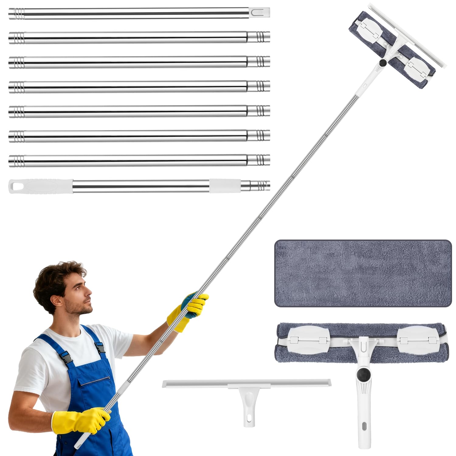 Set di lavavetri telescopico, 420 cm, lavavetri telescopici 2 in 1, con 40 cm, con manico telescopico, con 2 spazzole in microfibra, per finestre alte, pareti, vetro auto