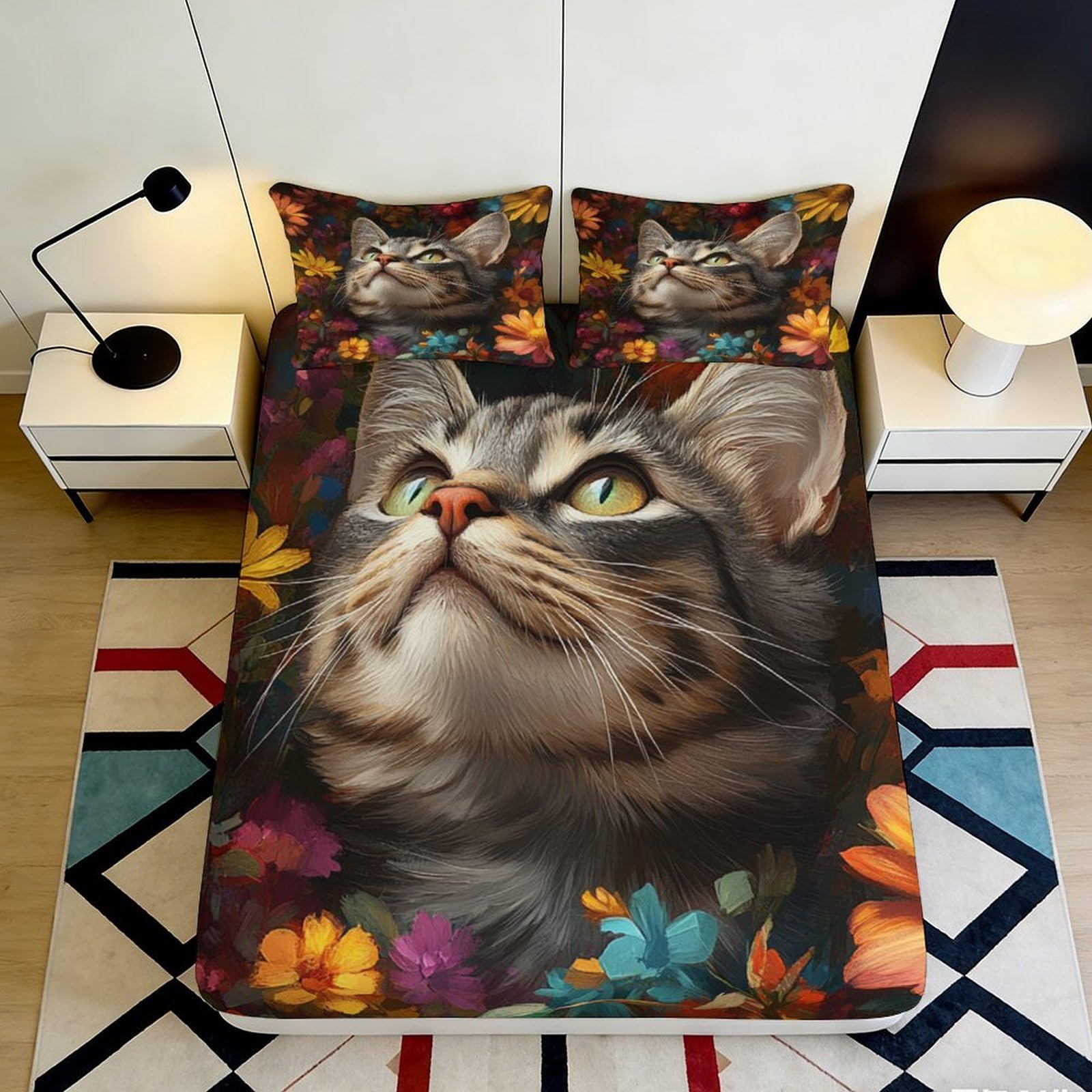 Pnayamiorkfel Style-9 3D Printed Cat Portrait Fitted Sheet Microfiber Soft Floral Mattress Cover For Bedroom Guest Room Decor 90X200x25cm