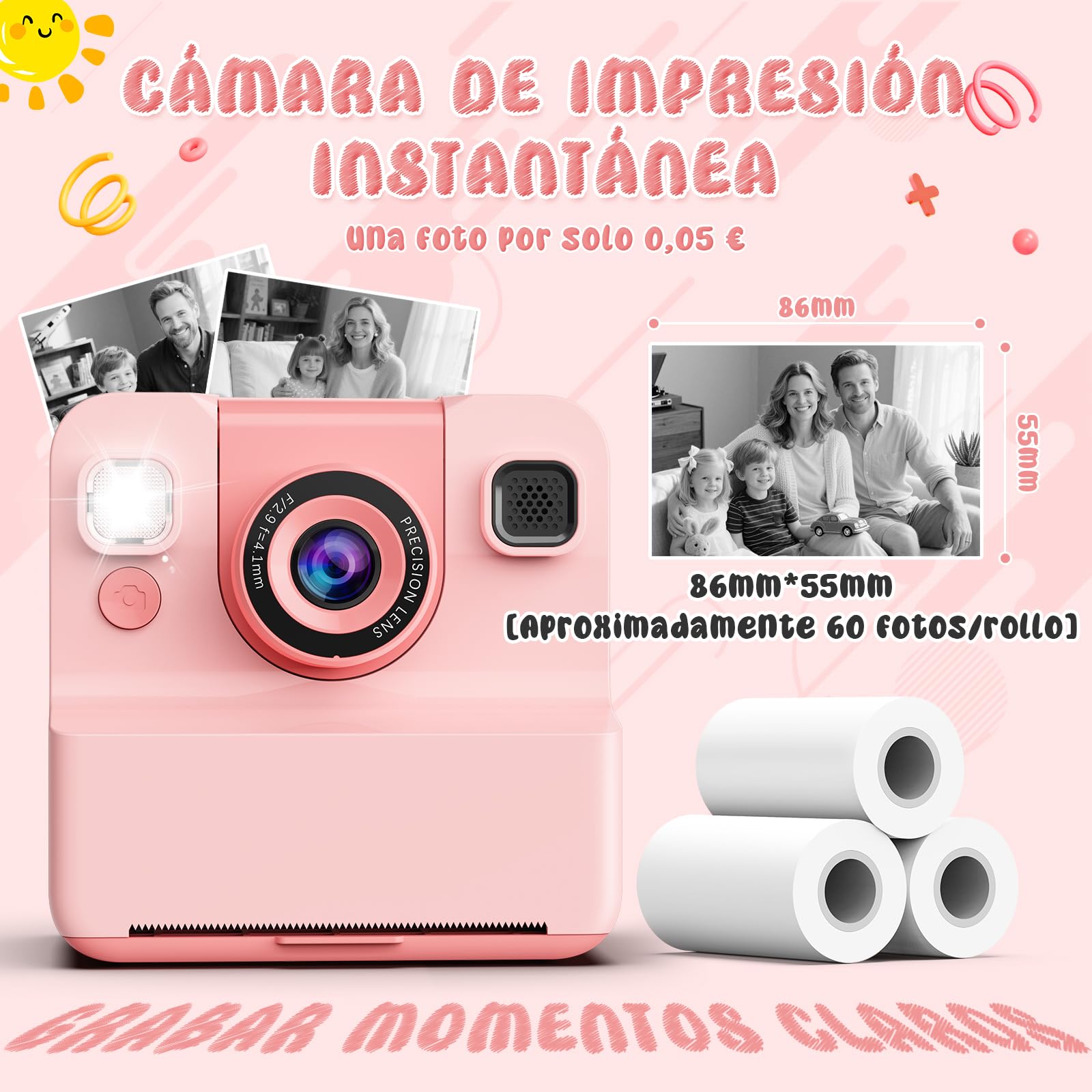 Camara de Fotos Instantaneas,2.4" 1080P HD Camara Fotos Infantil Instantaneas Juguetes Niños 3-12 Años Cámara Instantánea Niños de Foto & Video 1080P & Música&5 Juegos de Rompecabezas 32GB SD