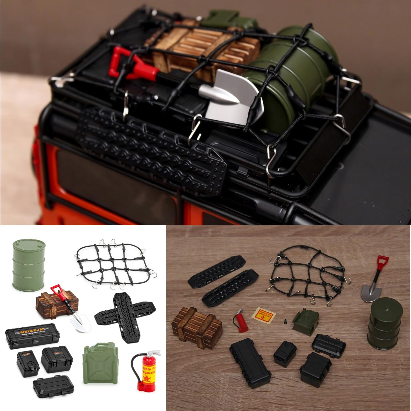 12-TLG RC Crawler Zubehör Set 1/18 1/24, RC Auto Dachdekoration inkl. Gepäcknetz RC und Scale Deko Kit passend für 1:18/24 Modelle wie Traxxas TRX-4M, Axial SCX24, FMS FCX24 (Schwarz & Grün)