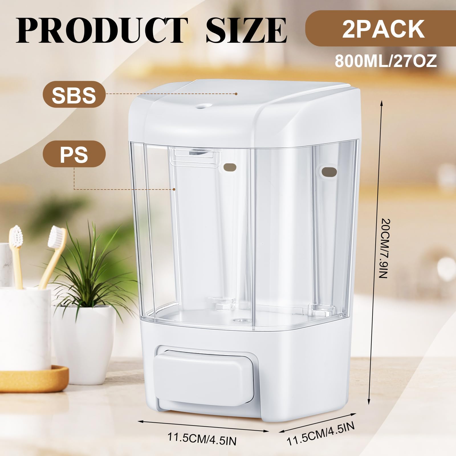 Hushee 2 dispensadores de jabón comerciales montados en la pared, contenedores dispensadores de jabón manual de 33.8 onzas, 1000 ml, dispensador de jabón de mano de plástico para baño, cocina, hotel,