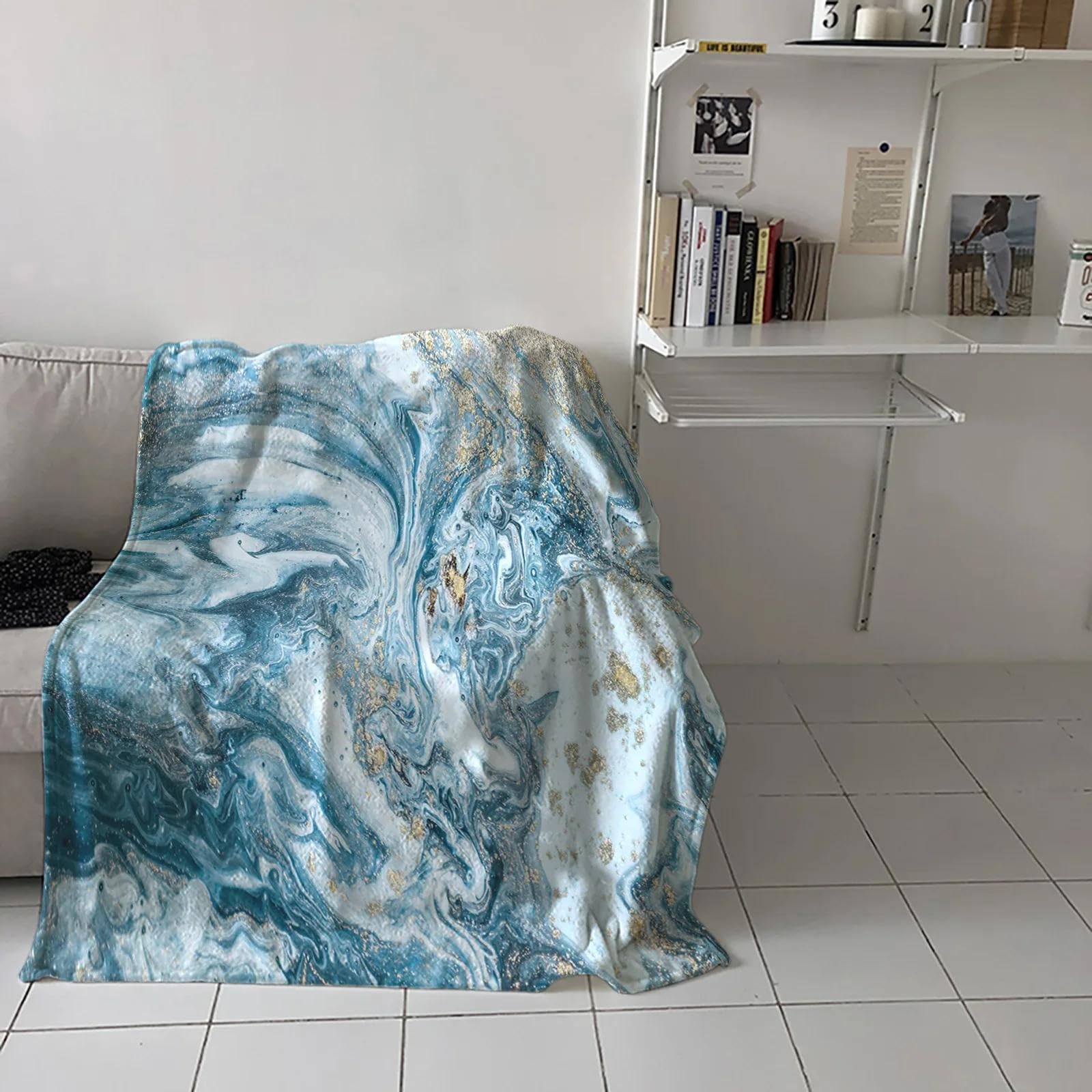 Genérico Coperte astratte in Marmo Blu e Oro Coperta Morbida Portatile per Letto Copriletto da Ufficio Coperta in Flanella 120x200 cm