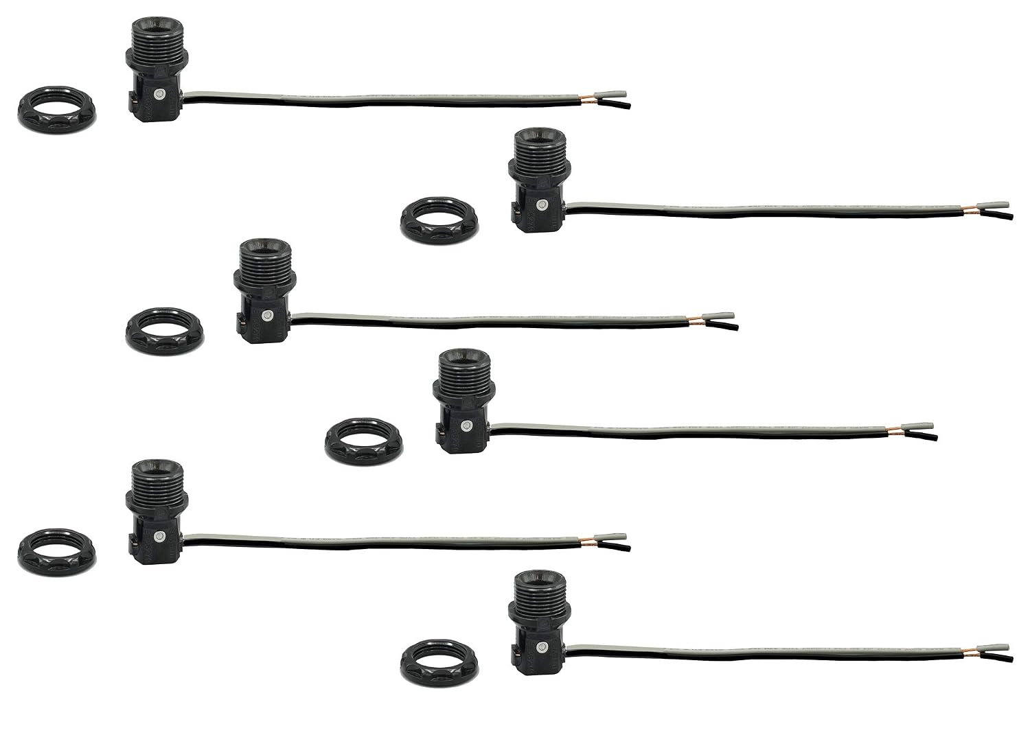 Creative Hobbies® LP1970 Phenolic Candelabra (E12) Base Sockets with 1.25" Shoulder & Screw Ring - 8" Wire Leads | Wholesale Pack of 6