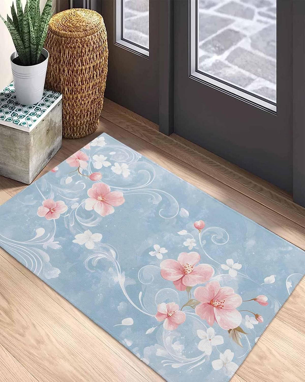 Welcome Mats for Front Door, White Pink Flower Rugs Non Slip Absorbent Indoor Doormat, Watercolor Floral on Blue Entrance Rug Washable Floor Mats for Entryway,18x30in
