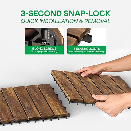 Miniatura 6 de Idzo - Azulejos para deck entrelazables - 10 azulejos para patio de madera de acacia impermeables, para interiores y exteriores - Patrón de franjas