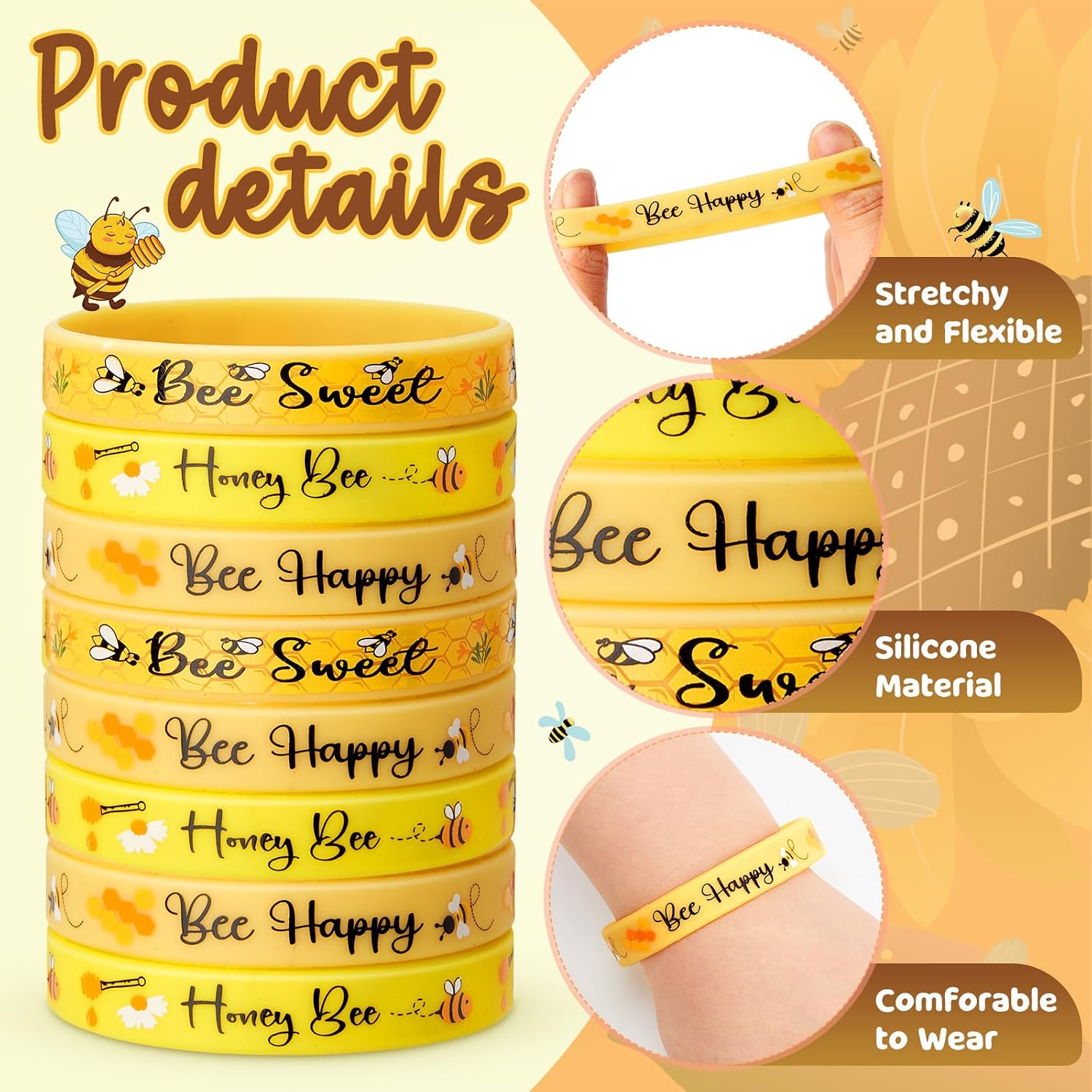 JellyArch 48 Set Bee Silicone Bracelets , Bee Honeybee Rubber Wristband with Cards Silicone Bracelet Bulk for Spring Summer Birthday Party Supplies image 3