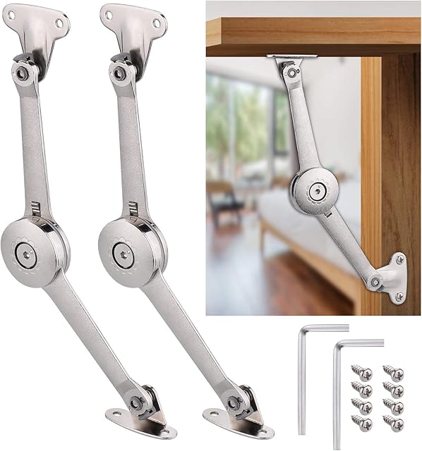 JIZZU 2Pcs Soft Close Lid Support Hinges with Screws & Hex Key, Satin Nickel Drop Down Hinges Support 40lb, Folding Lid Stay Hinges for Kitchen Door Cabinet Cupboard Wardrobe Toy Box Lift Up Stay