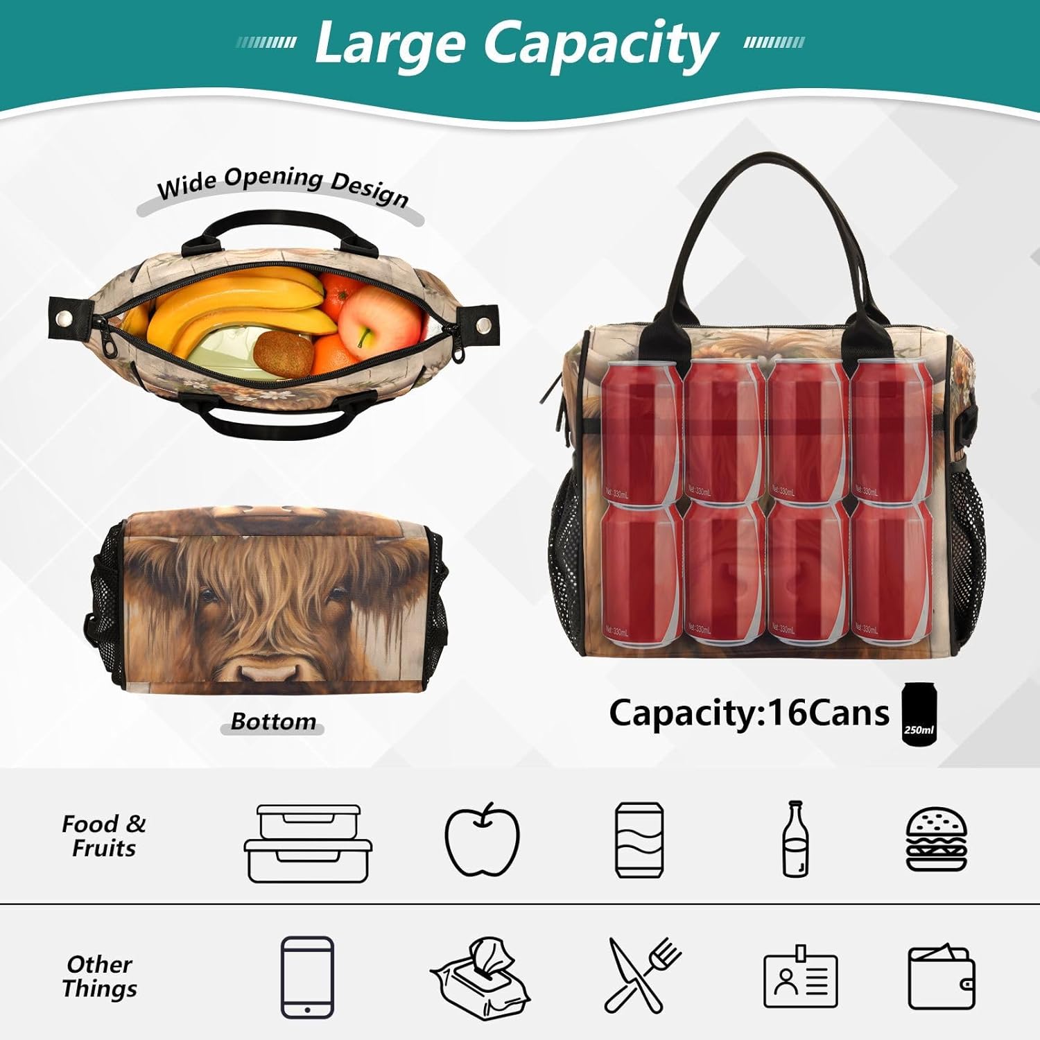 Vintage Board Highland Cow Cooler Bag Lunch Box Lunch Bag Reusable Tote Shoulder Bag Insulated Lunch Bag for Outdoor Picnic Camping