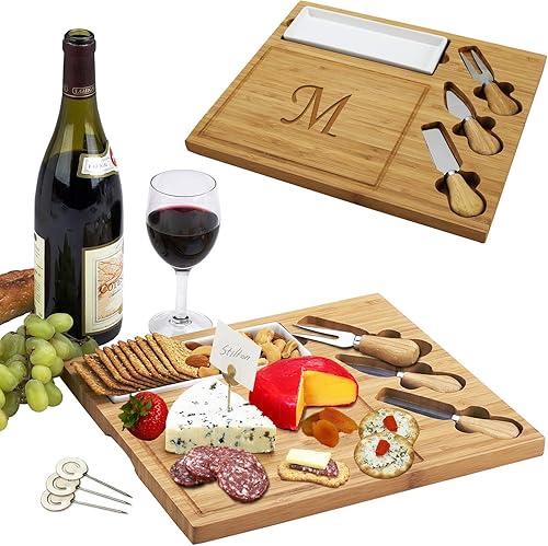 Miniatura 15 de Picnic at Ascot - Tabla de quesos de bambú grabada, personalizada, con 3 cuchillos de queso, plato de cerámica y marcadores de queso, diseño y letra