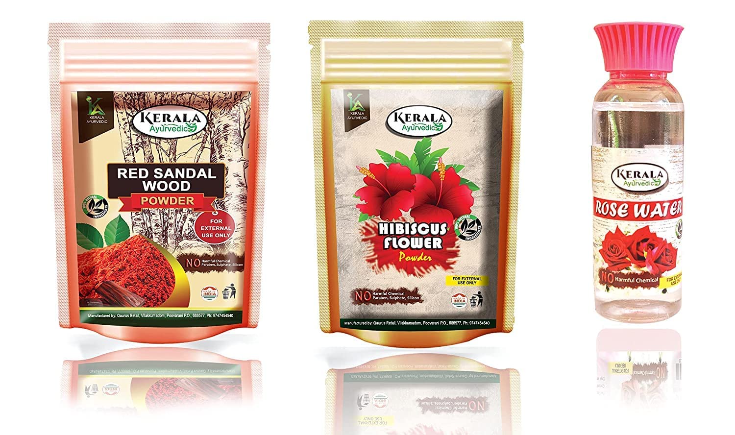 QURA Ayurvedic Natural Redsandal Puder / Rakthachandana Podi, do zestawu na twarz, 100 g + proszek z kwiatów hibiskusa do wzrostu włosów i opakowania na twarz, 100% naturalny i ziołowy, 100 gramów + woda różana 100 ml