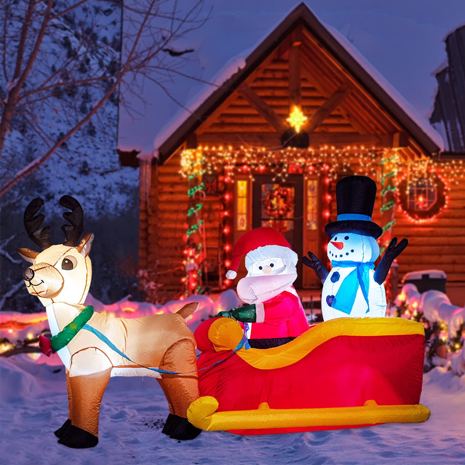 MUMTOP 6 FT Christmas Inflatables,Christmas Blow Up Yard Decorations Built-in LED Light Santa Claus with Reindeer and Snowman Christmas Decorations Outdoor Yard