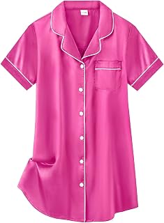 Girls Silk Satin Nightgowns Cute Sleep Dress Button-Down PJS Tops Short Sleeve Sleepshirt