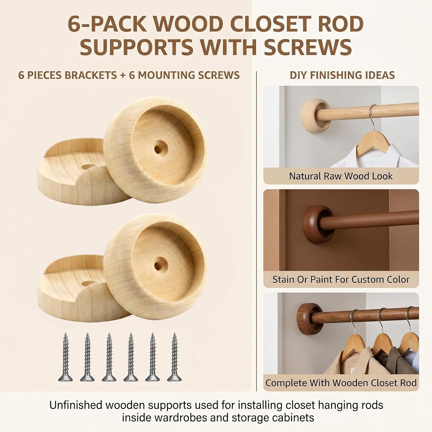 Wooden Closet Pole Sockets 1-3/8 Inch Rod Holder with Screw 6 Pcs