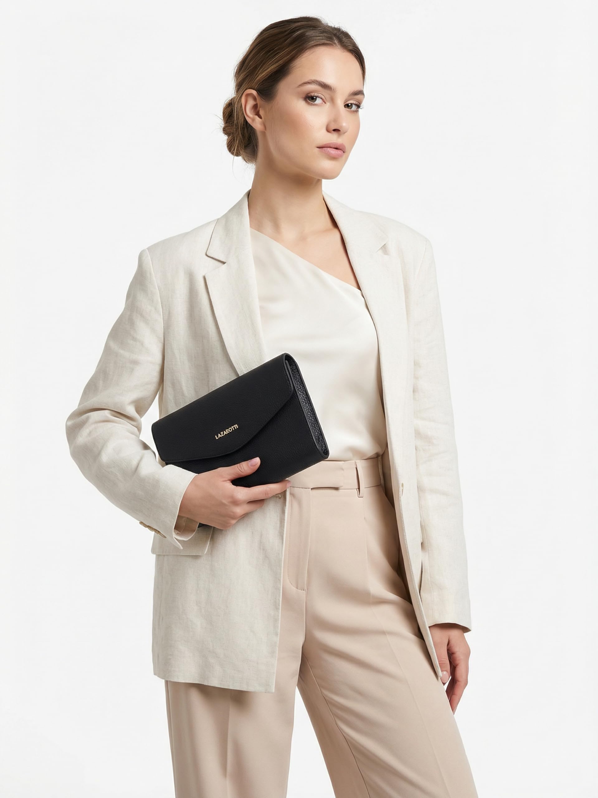 Lazarotti Bologna Leder Clutch | 23 cm mittelgroße Damen Umhängetasche | Hand-Tasche mit abnehmbarem & verstellbarem Schulterriemen