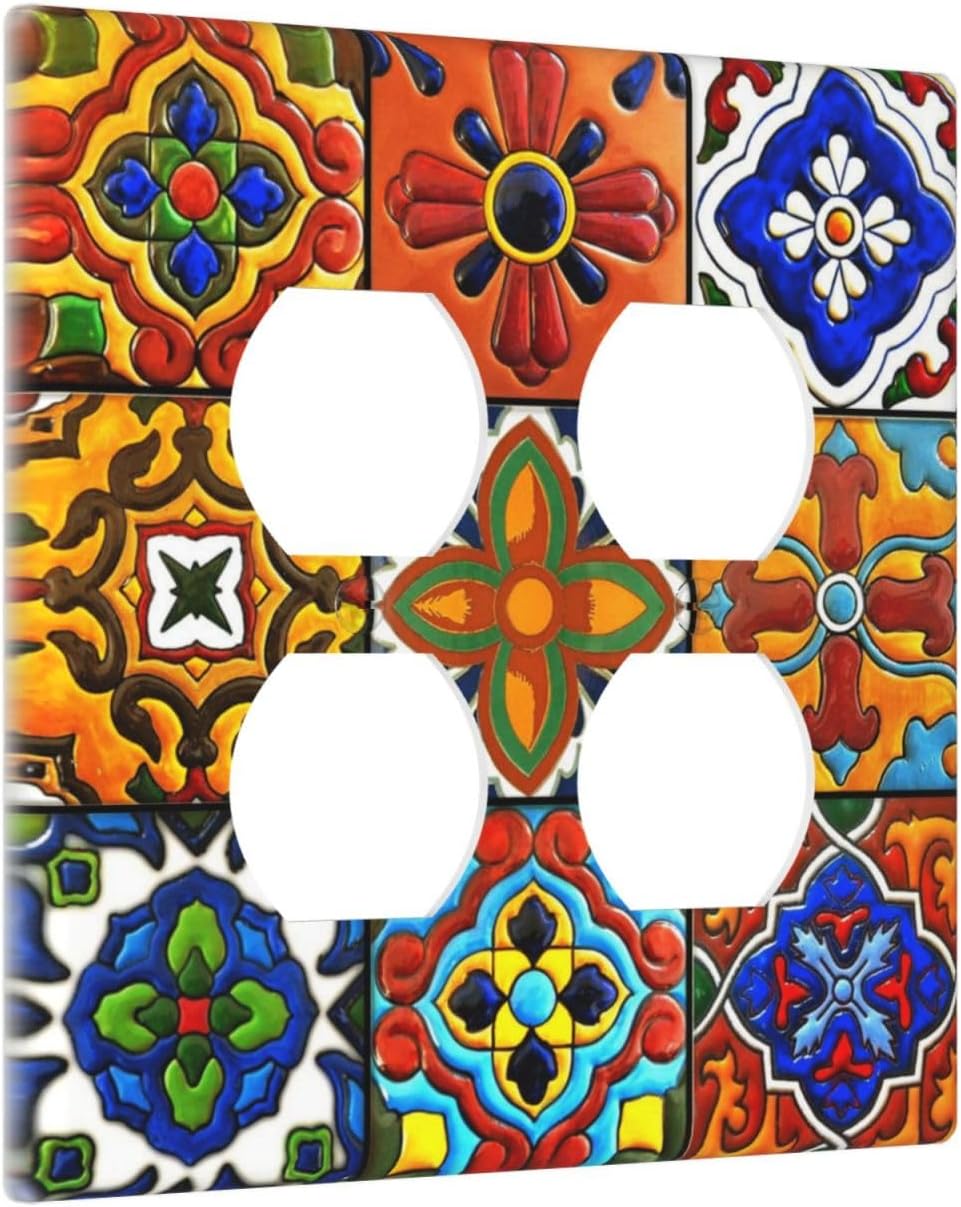 Decorative Outlet Covers Mexican Talavera Ceramic Tile Pattern 2 Gang Wall Plate Cover Double Duplex Receptacle Two Switch Light Switch Cover Plate Jumbo Dual Face Plate image 2
