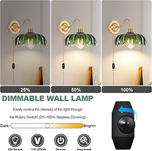 Miniatura 2 de Juego de 2 apliques de pared enchufables, aplique de pared vintage con pantalla de cristal verde tulipán, aplique de pared ajustable de 180