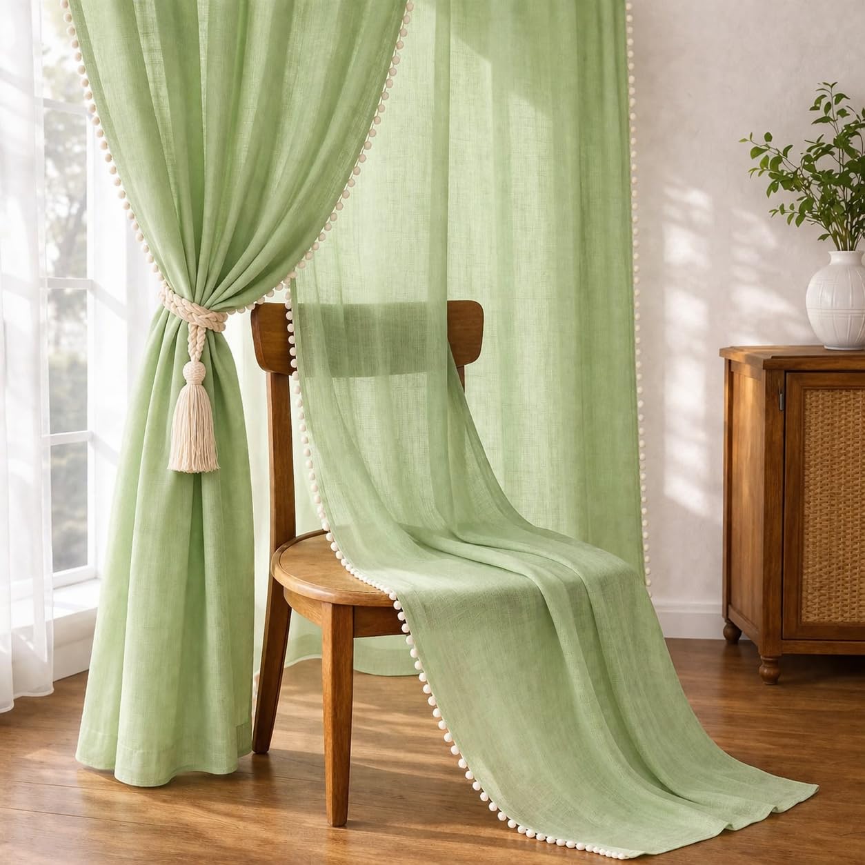 THE LINEN COMPANY Window Curtains Sheer Cotton Curtains with Pom Pom Lace Rod Pocket Light Filtering Transparent Net Curtains for Window Curtains Door Curtains Living Room Ocean Green 4 Ft Pack of 2