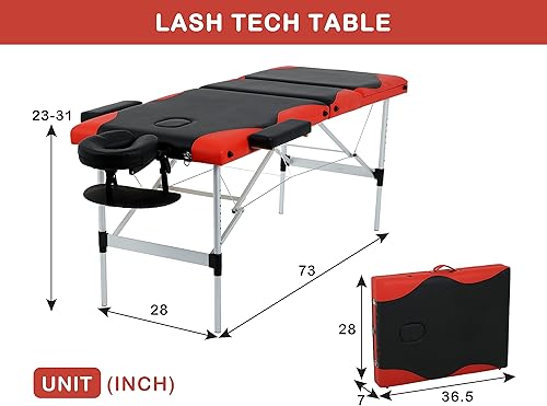 Miniatura 7 de Mesas de masaje portátiles de 73 pulgadas, mesa de tatuaje de aluminio de altura ajustable, cama de spa portátil de 3 mesas quiroprácticas plegables