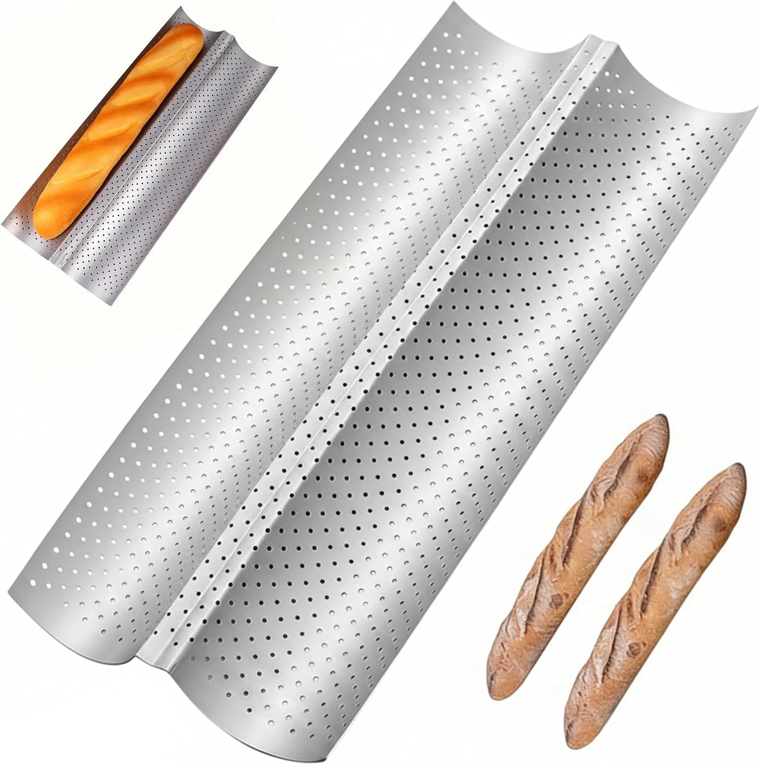CoguZed 2-Slot Baguette Pan for Baking, Nonstick Perforated French Bread Loaf Pan, Heavy Duty Carbon Steel Bread Tray for Homemade Sourdough and Italian Loaf - Silver